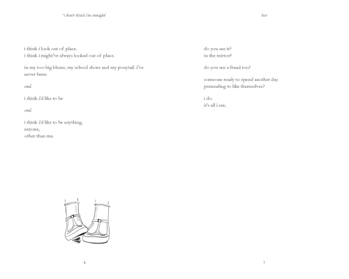 Book page with poetry and a simple line drawing of shoes.