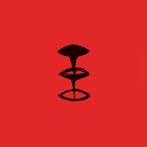 Red background with a black, abstract, stacked-mouth-and-eye-shaped design.