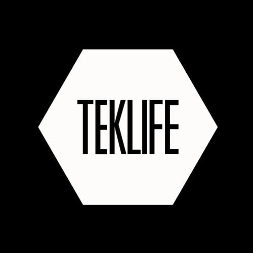 Hexagonal logo with bold black text "TEKLIFE" on a white background.
