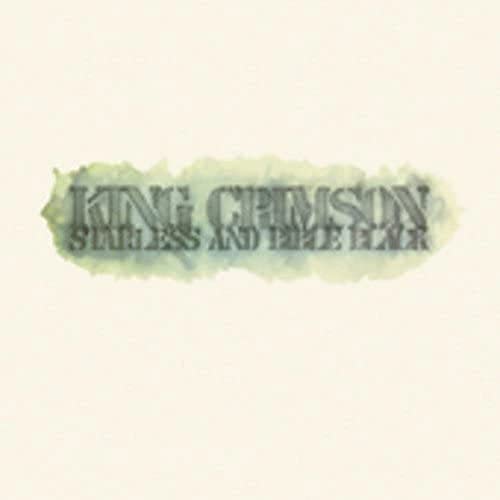 King Crimson Starless and Bible Black album cover with text on a watercolor background.