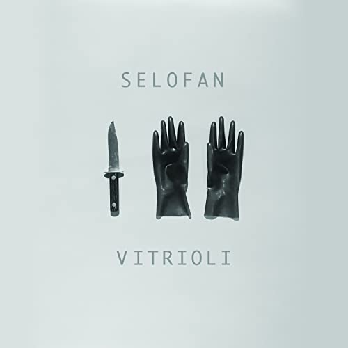 Album cover: knife and black gloves on a light grey background.
