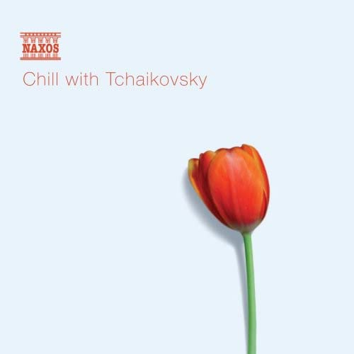 CD cover: red tulip on pale blue background, "Chill with Tchaikovsky".