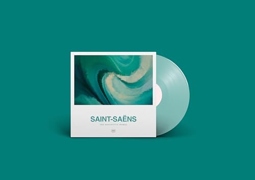 Vinyl record and white album cover with abstract teal and cream artwork.