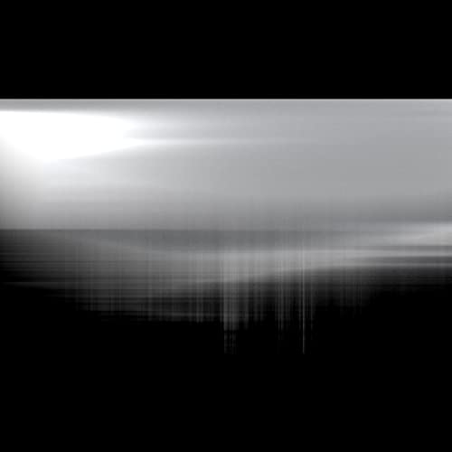 Abstract grayscale landscape with blurred horizontal lines and bright sky.