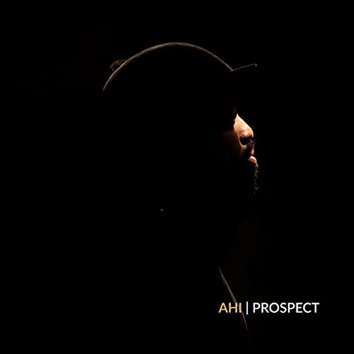 Dark profile portrait of a man in a hat, album cover art.