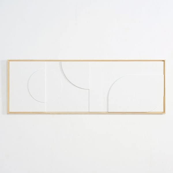 White rectangular artwork with embossed geometric shapes in a thin wooden frame.