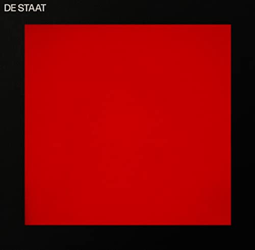Red square album cover for "De Staat" with black borders and text.