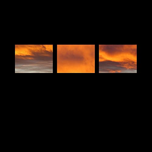Three square panels of orange and yellow sunset clouds on black.