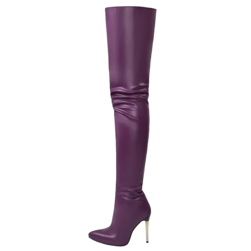 Purple over-the-knee stiletto boot on a white background.