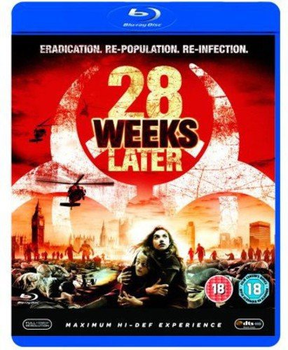 "Blu-ray case for '28 Weeks Later' with a post-apocalyptic scene and biohazard symbol."
