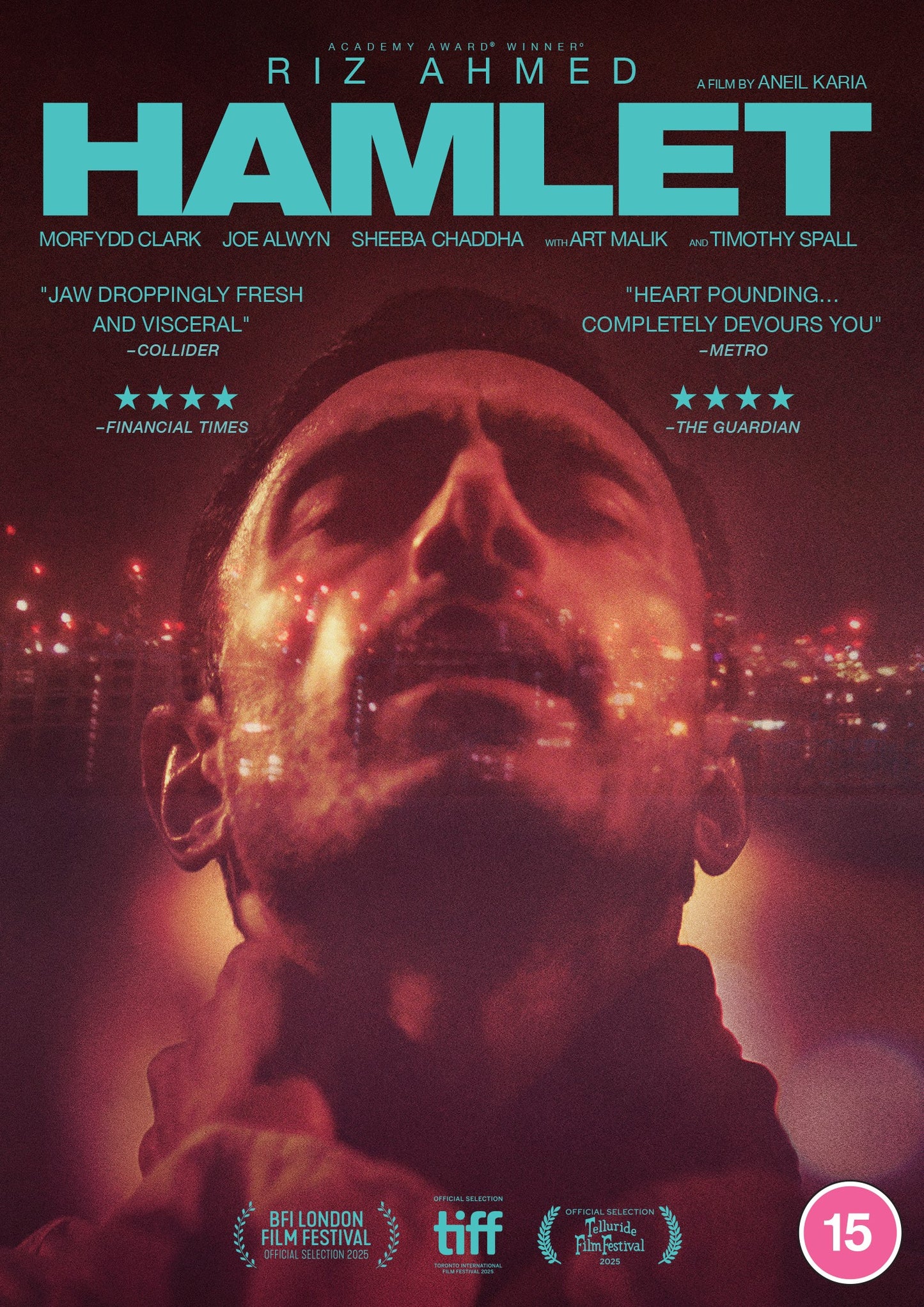 DVD cover for "Hamlet" starring Riz Ahmed, with a city backdrop.