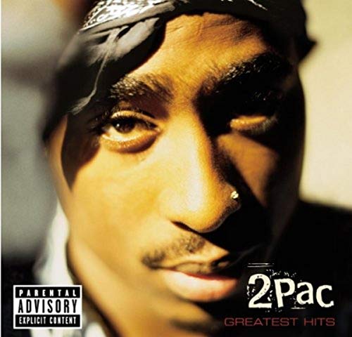 2Pac’s “Greatest Hits” CD cover featuring a close-up portrait of the artist.