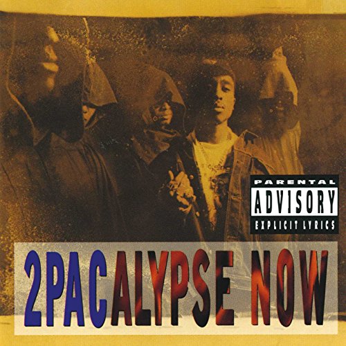 2Pac's "2Pacalypse Now" vinyl album cover with hooded figures and warning label.