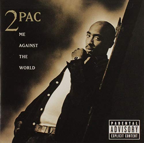 2Pac album cover: portrait of Tupac Shakur, sepia tone, parental advisory.