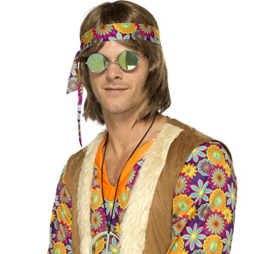 Man wearing a 1960s hippie costume with floral shirt and headband.