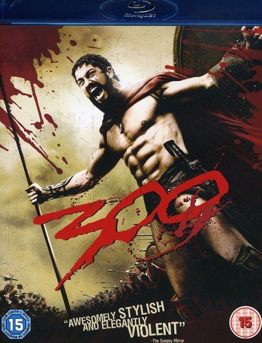 300" Blu-ray cover featuring a muscular warrior with a spear, blood splatters.