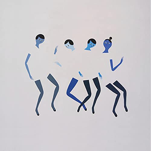Blue and black abstract figures on a white vinyl record cover.