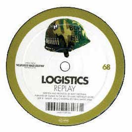 Vinyl record label with camouflage helmet illustration and "Logistics Replay" text.