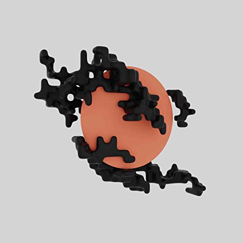 Orange sphere with abstract black, coral-like structures floating around it.