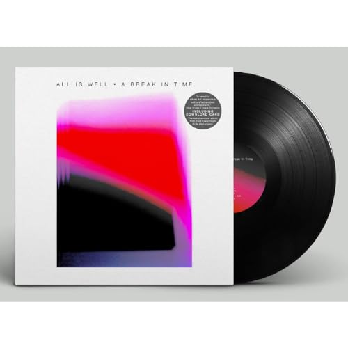 Vinyl record with white album cover featuring abstract pink and black art.