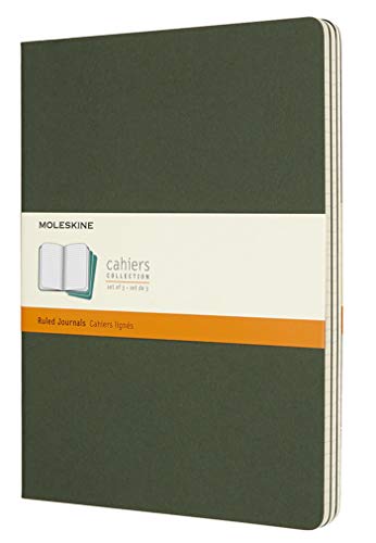 Moleskine Cahier Journal, Set 3 Notebooks With Ruled Pages, Cardboard Cover With Visible Cotton Stiching, Colour Myrtle Green, Extra Large 19 X 25 Cm, 120 Pages