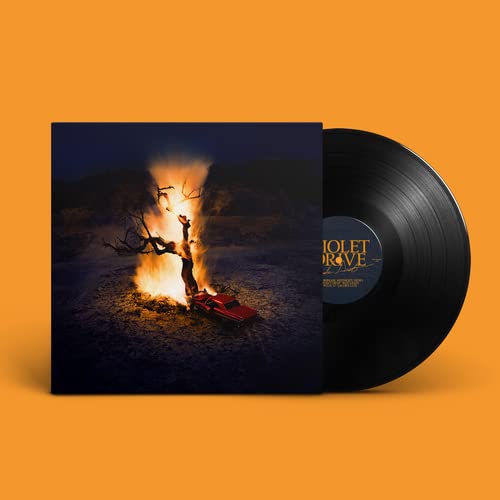 Vinyl record and album cover depicting a burning car and tree.