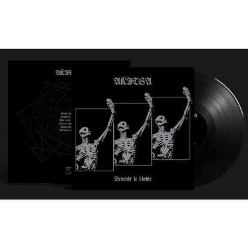 Black vinyl record with album cover featuring skeletal figures and geometric shapes.