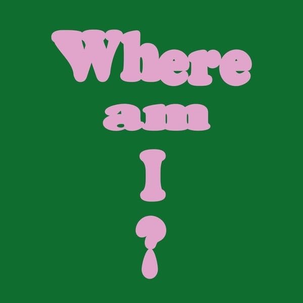 Pink text on a dark green background reading Where am I?