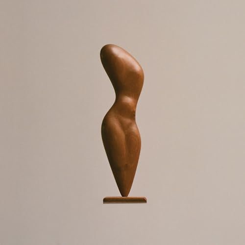 Wooden abstract sculpture of a torso against a neutral background.