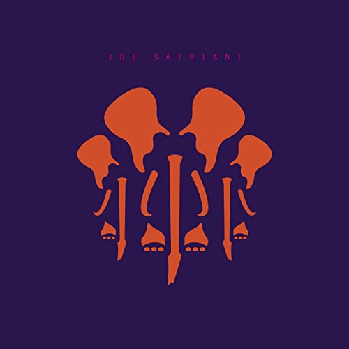 Orange abstract elephant shapes on a dark purple background with Joe Satriani text above.