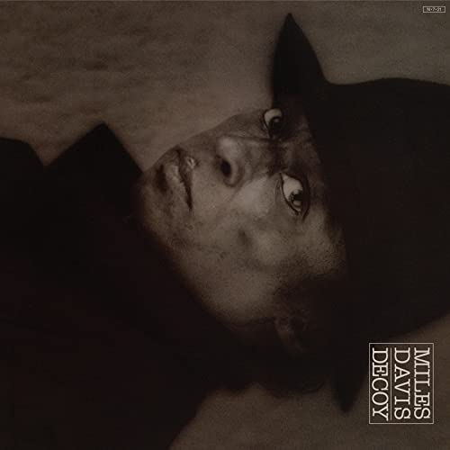 Close-up of Miles Davis’ face on the album cover “Decoy”.