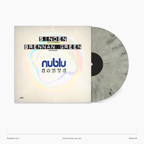 Vinyl record with abstract colorful cover art and marbled grey disc.
