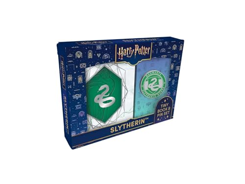 Slytherin themed Harry Potter tiny book and pin set in box.