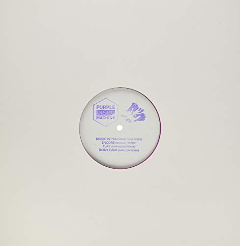 Vinyl record label with purple and white text, centered hole.