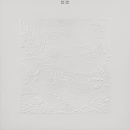 Bon Iver album cover: embossed white landscape on a light gray background.