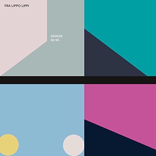 Geometric shapes in pink, blue, green, yellow, and gray with black lines.