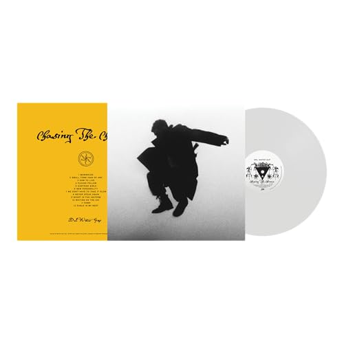 Yellow album cover with a jumping figure and a clear vinyl record.
