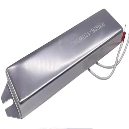 Silver rectangular electronic component with wires, labeled "RXG28-120WTRJ".
