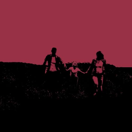 Silhouetted figures holding hands against a solid red background.