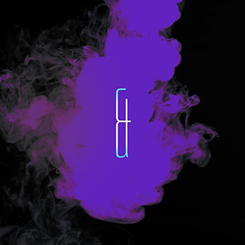 Purple and grey smoke on a black background with a stylized blue symbol.