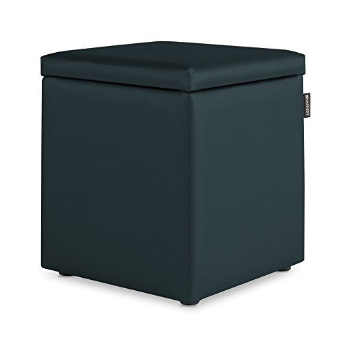 Dark blue square storage ottoman with a cushioned top, isolated on white.