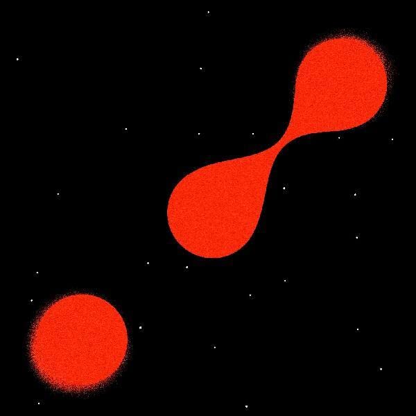 Black background with three red, textured, rounded shapes resembling planets.