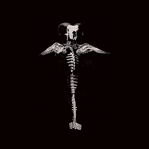 Black and white image of a winged ram skull against a dark background.