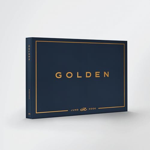 Dark blue "Golden" CD case with gold lettering, featuring Jung Kook (BTS).