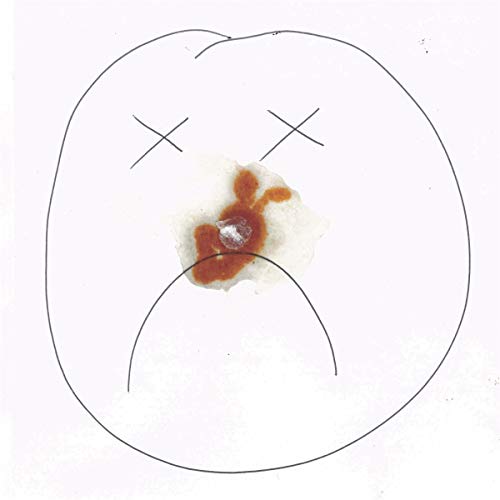 White face outline with closed eyes, dripping stain for a mouth.