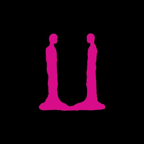 Pink silhouette of two figures facing each other on black background.