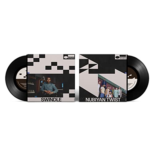 Two vinyl records with album art featuring musicians and geometric patterns.