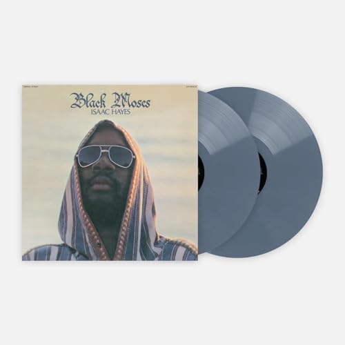 Isaac Hayes' "Black Moses" vinyl record with portrait of Hayes wearing sunglasses.