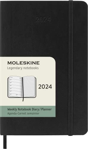 Moleskine Weekly Agenda with Space for Notes 12 Months 2024, Agenda 2024, Size Pocket 9x14, Soft Cover and Elastic Closure, Colour Black