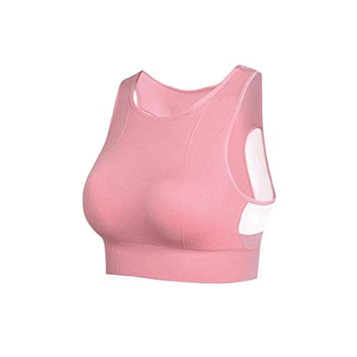 Pink sports bra with a high neck and cut-out detail.